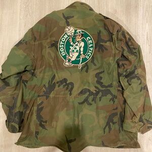 Vintage M65 Field Jacket XL Woodland Camo NASA & Boston Celtics Patches USA Made